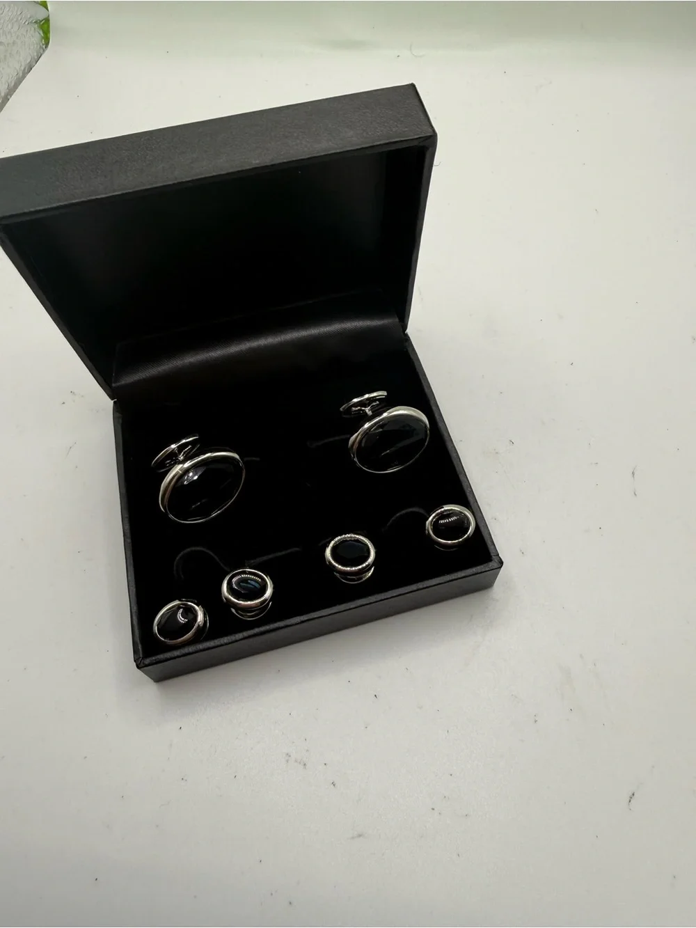 Men's Black Onyx Silver Cufflinks and Shirt Stud Set